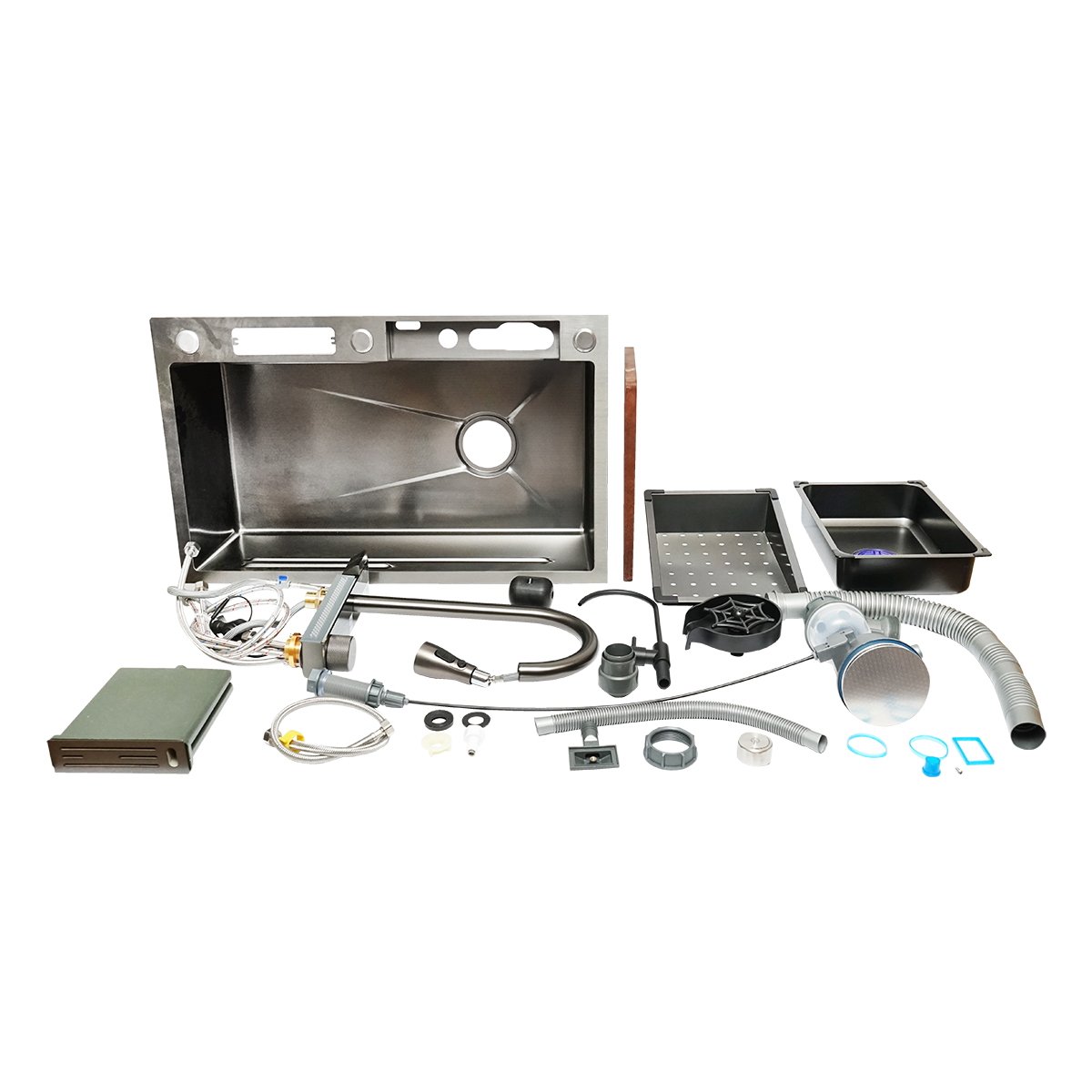 Chiuveta bucatarie multifunctionala cu doua baterii, otel inoxidabil, afisaj digital temperatura, doua cascade, spalator pahare, scurgator, tava, tocator si accesorii scurgere incluse, dimensiune 75x46x23.5cm